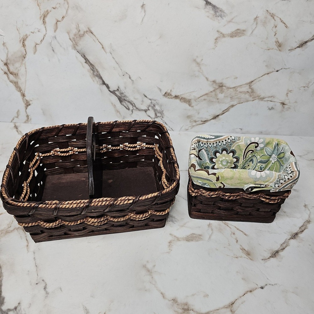 Handcrafted Brown Woven Wood Caddy & Lined Basket Set‎ Organization Cottagecore